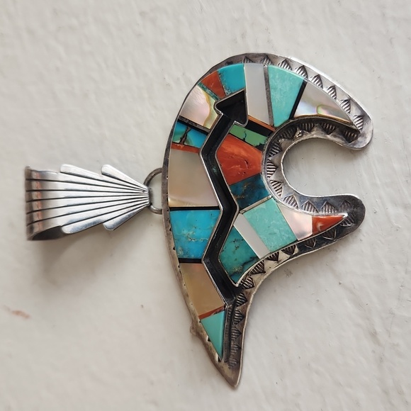 Vintage Native American Navajo Vintage Inlaid Bear Pendant by Danny Clark 💙🐻 - Picture 2 of 13